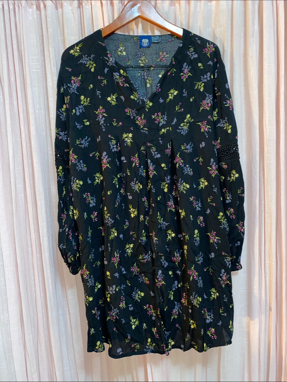 Route 66 Black Printed Dress with Yellow and Purple Floral Accents